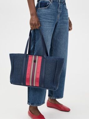 Think Royln Women's Blue Coastal Escape Raffia Tote Blue Red